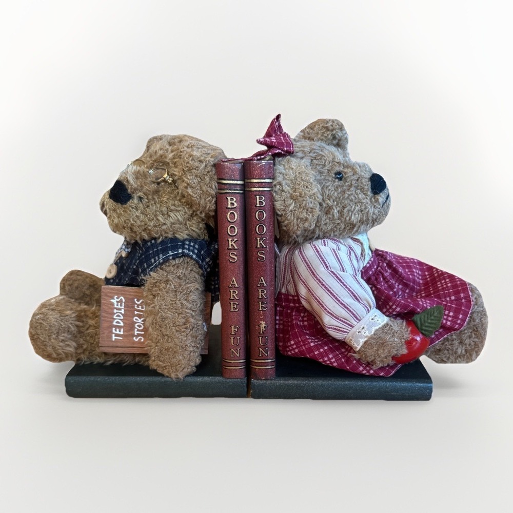 Boyds Teddy Bear Girl Boy Wood Bookends "Books Are Fun" Vintage Decor Glasses